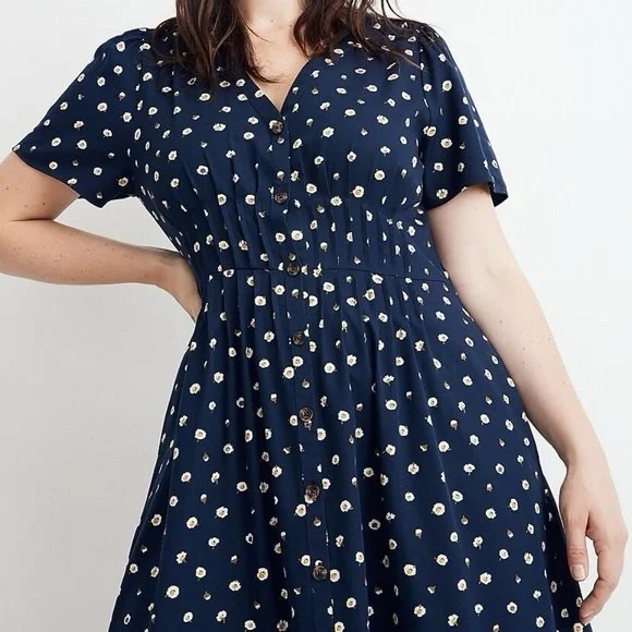 madewell navy blue dress Women's Sculptural-Sleeve Pleated Mini Dress in Classic Navy - Size 00